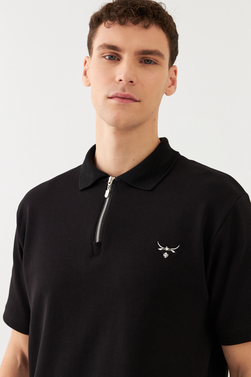 The Bull Head Regular Fit Zip Herren Polo Shirt Schwarz